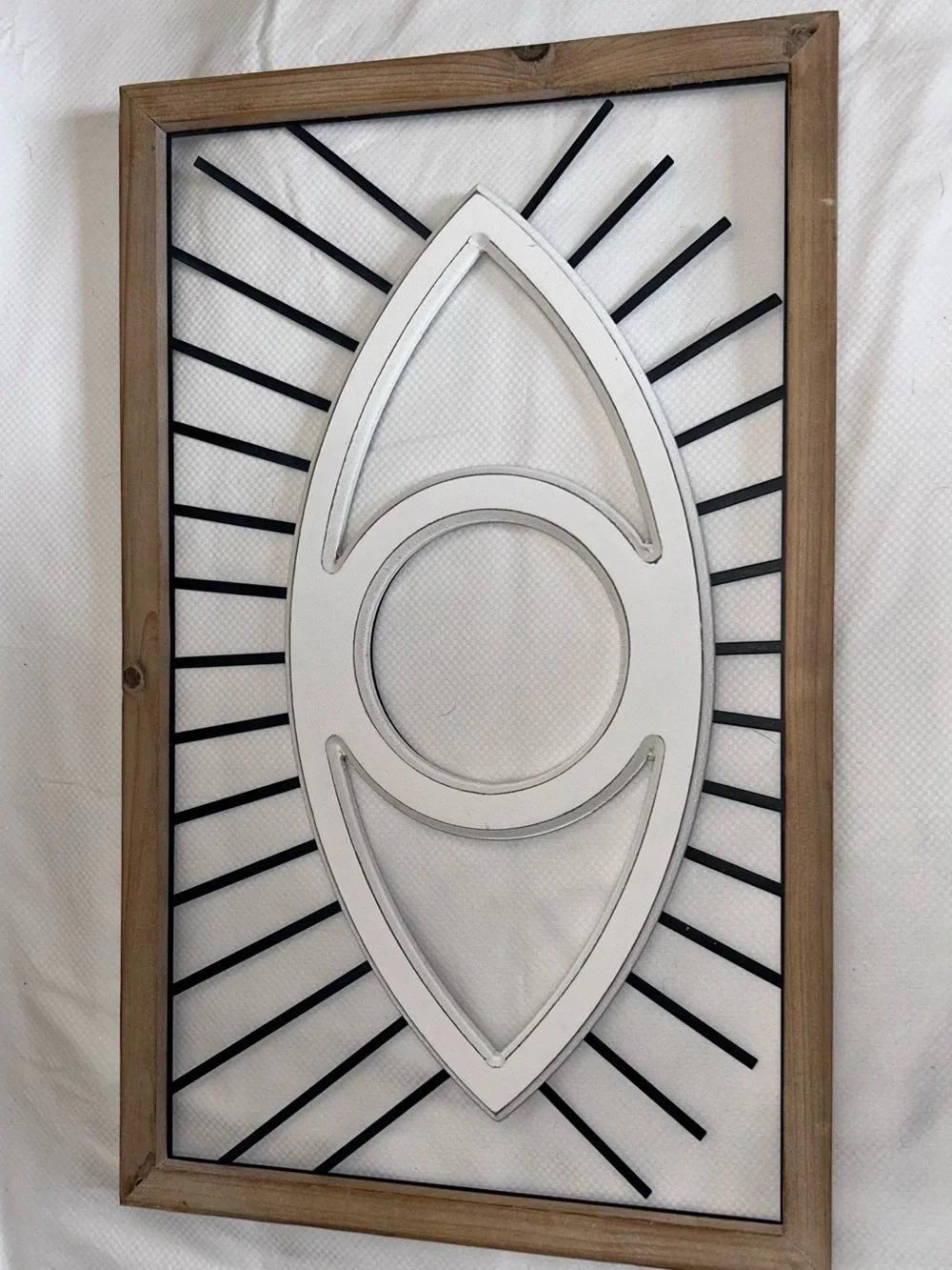 Custom made White Eye Wall Decor with Black Accents and Natural Wood Frame
